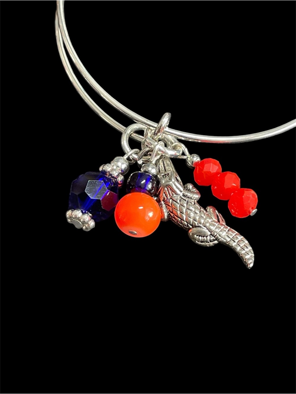 Stainless steel Alligator Charm Bangle with Orange and Navy Beads